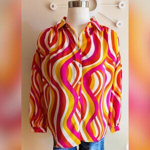 NEW Retro 70s-Style Swirl Print Blouse Sz S Lantern Sleeve Button Front Top